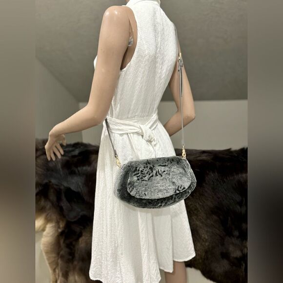 Gray Gradient Handmade Real Shearling Rose Embossed Shoulder Bag/Crossbody Bag - Picture 7 of 16
